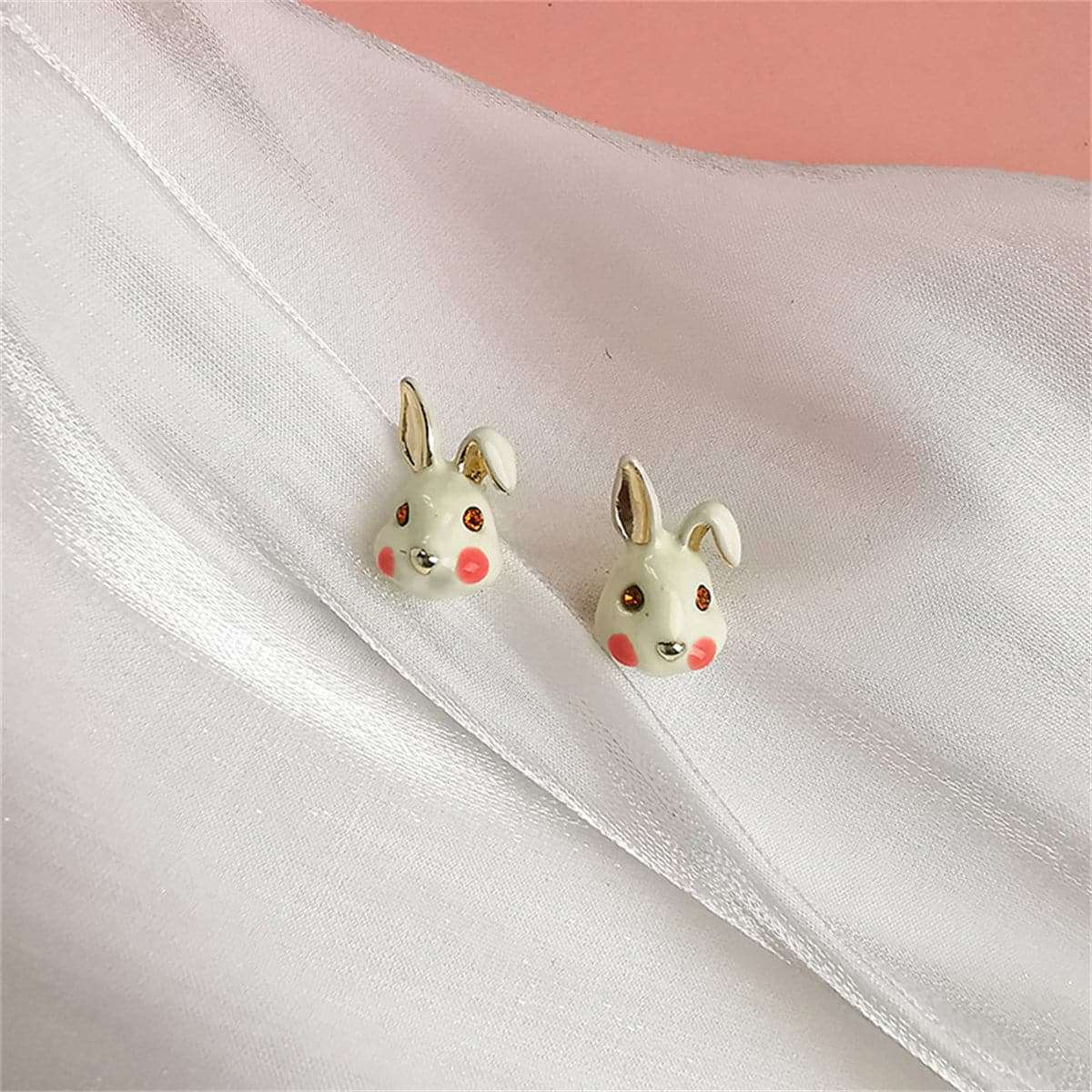 White Enamel & Goldtone Rabbit Stud Earrings