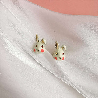 White Enamel & Goldtone Rabbit Stud Earrings