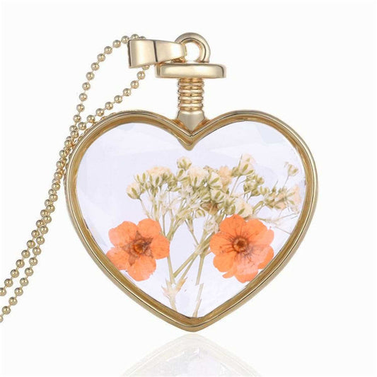 Yellow Pressed Flower & Goldtone Heart Pendant Necklace