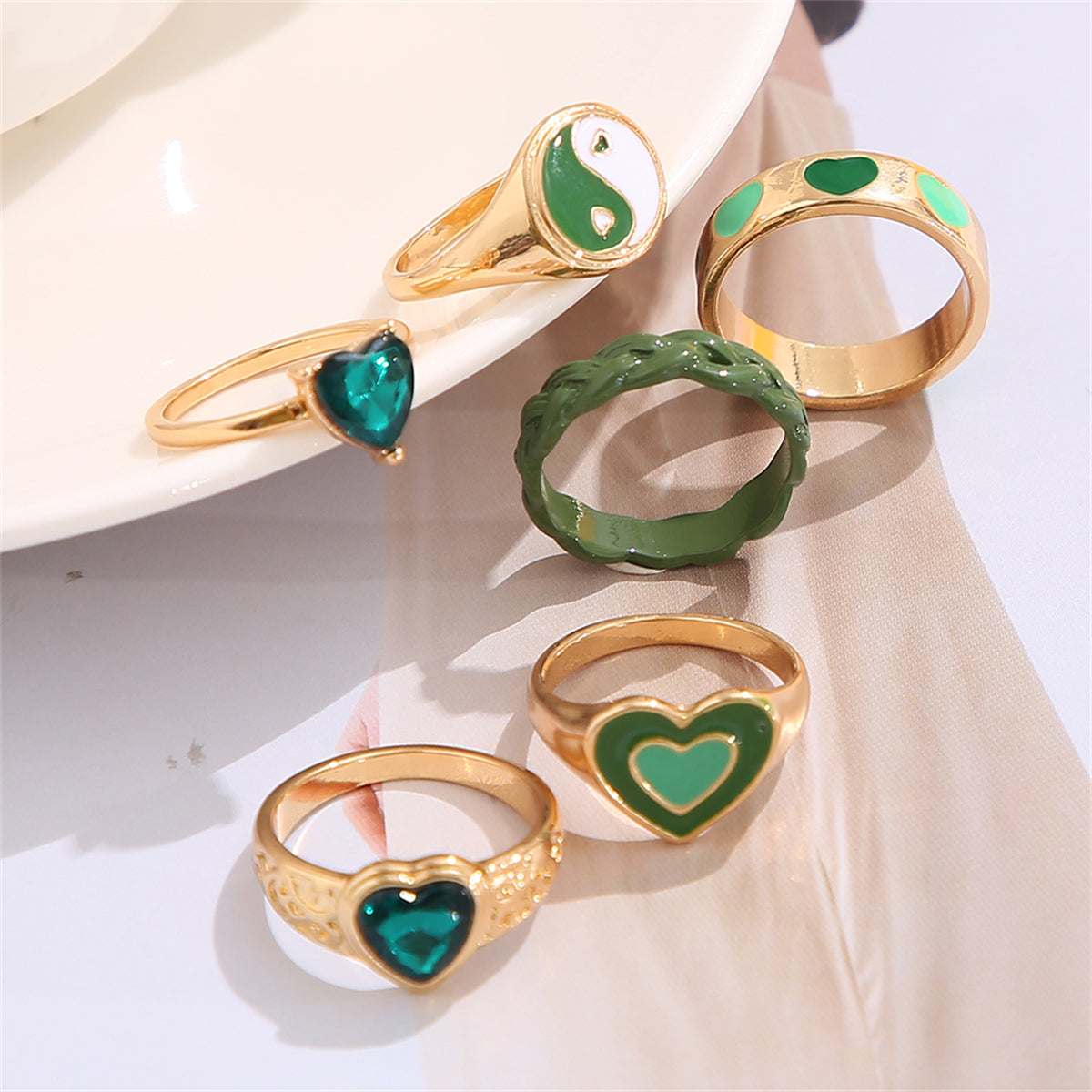 Green Crystal & Enamel Goldtone Yin Yang Heart Ring Set