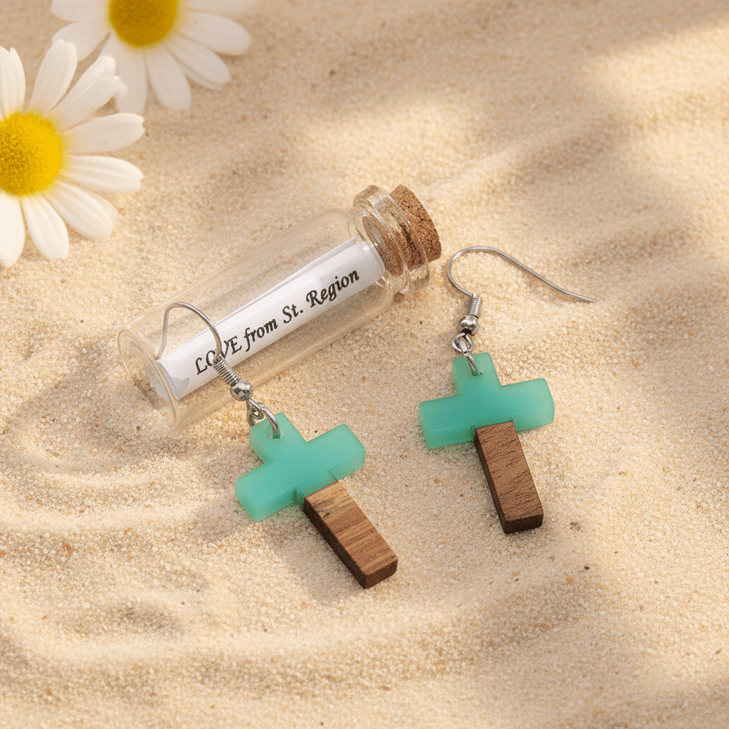 Green Resin & Wood Silvertone Cross Hook Earrings
