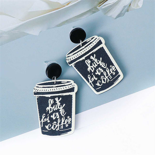Black & Silvertone 'But First Coffee' Drop Earrings