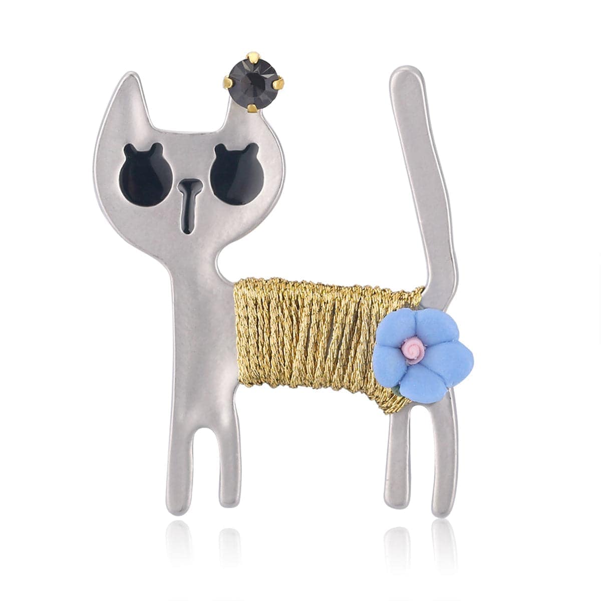 Cubic Zirconia & Silvertone Cat Brooch