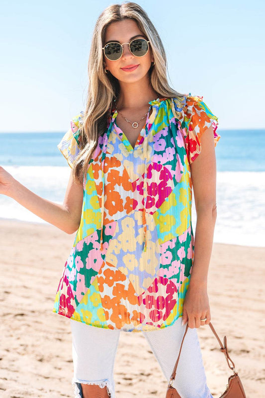 Threaded Pear Rosa Flutter Sleeve V Neck Crinkled Blouse