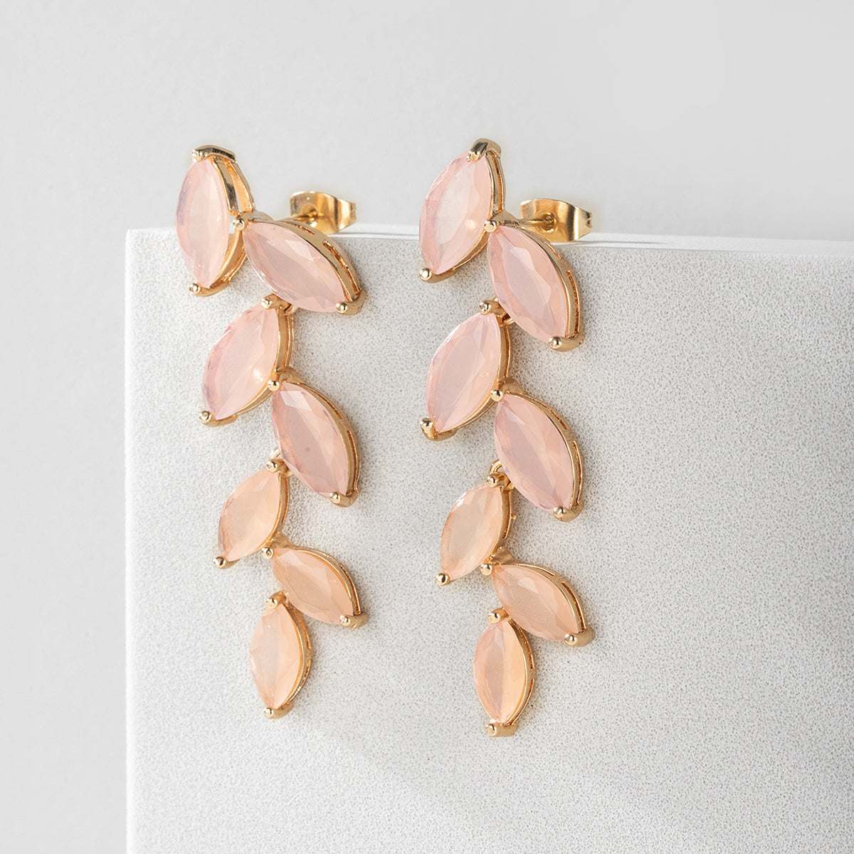 Pink Crystal & Goldtone Leaves Drop Earrings