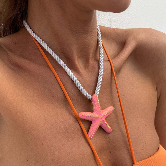 Thick Polyster Cord & Pink Enamel Goldtone Starfish Statement Necklace