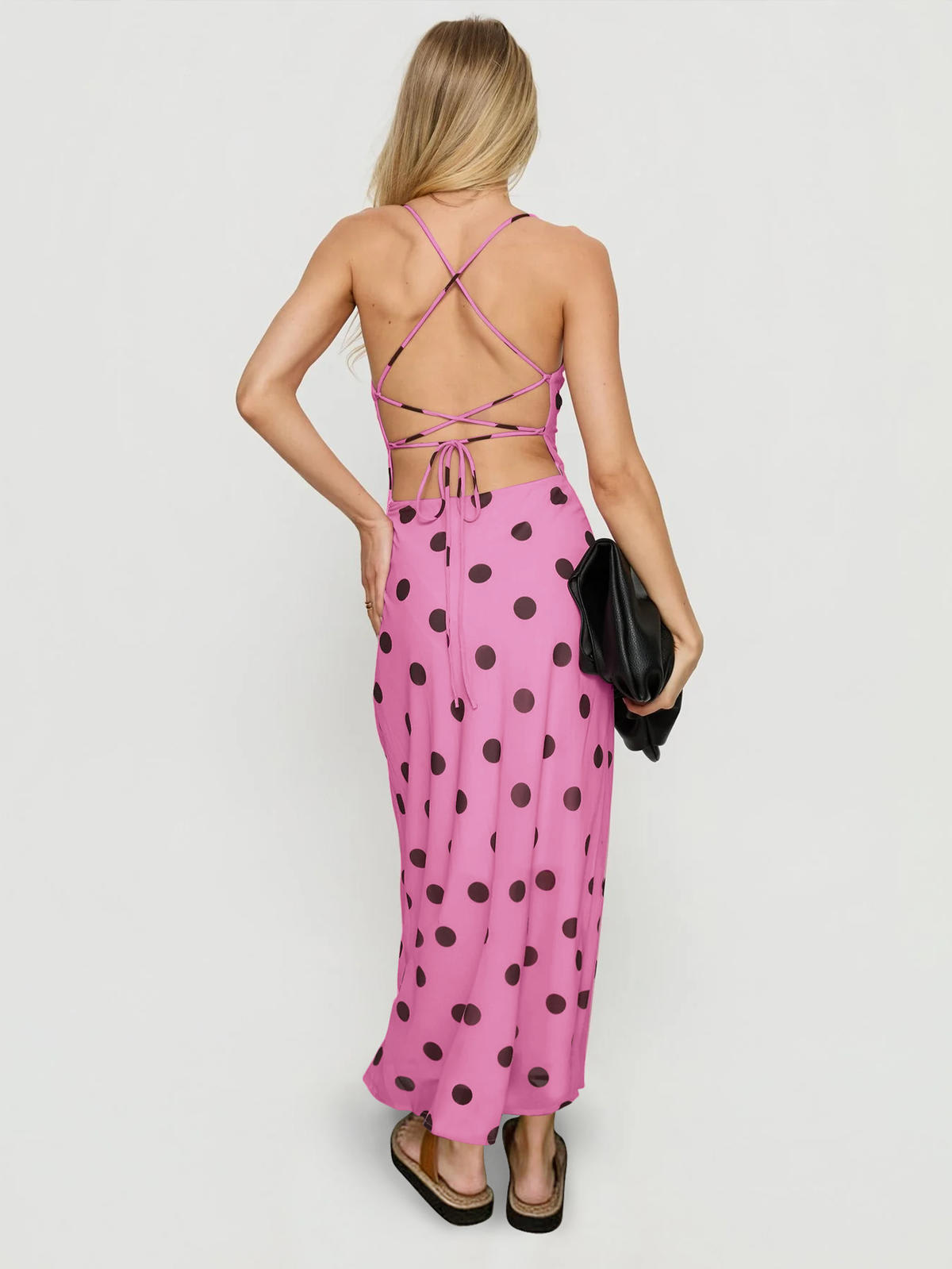 Chic YC Women's Polka Dot Maxi Dress Backless Criss Cross Strap Bodycon Summer Party Dress Rosedot / L