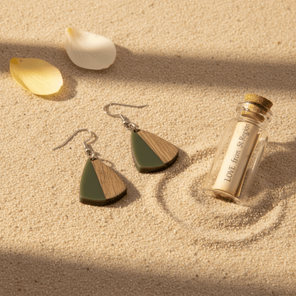 Green Resin & Wood Silvertone Shield Hook Earrings
