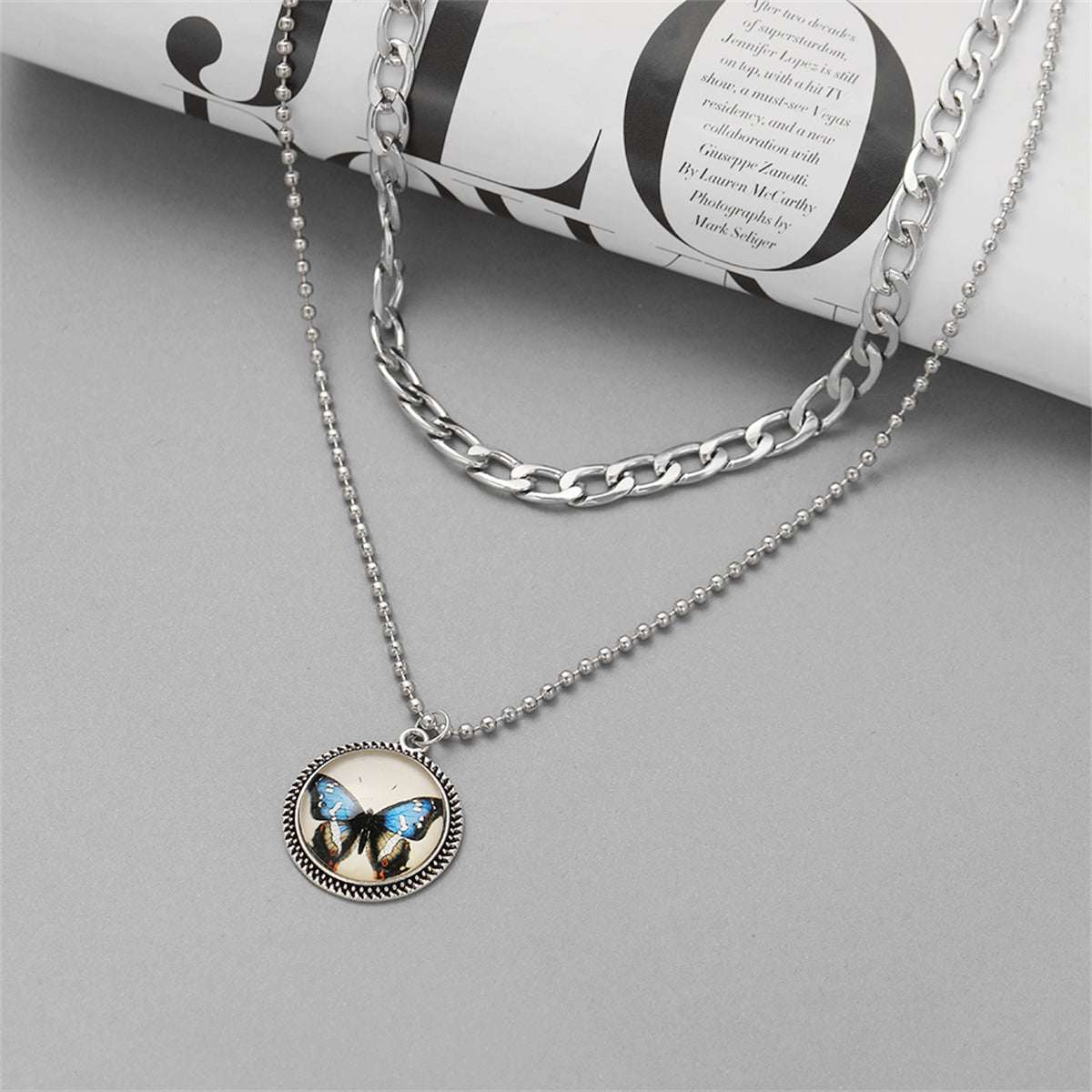 Blue Resin & Silvertone Butterfly Round Layered Pendant Necklace