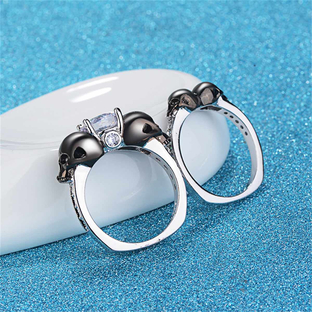 Crystal & Cubic Zirconia Two-Tone Skull Ring Set-1