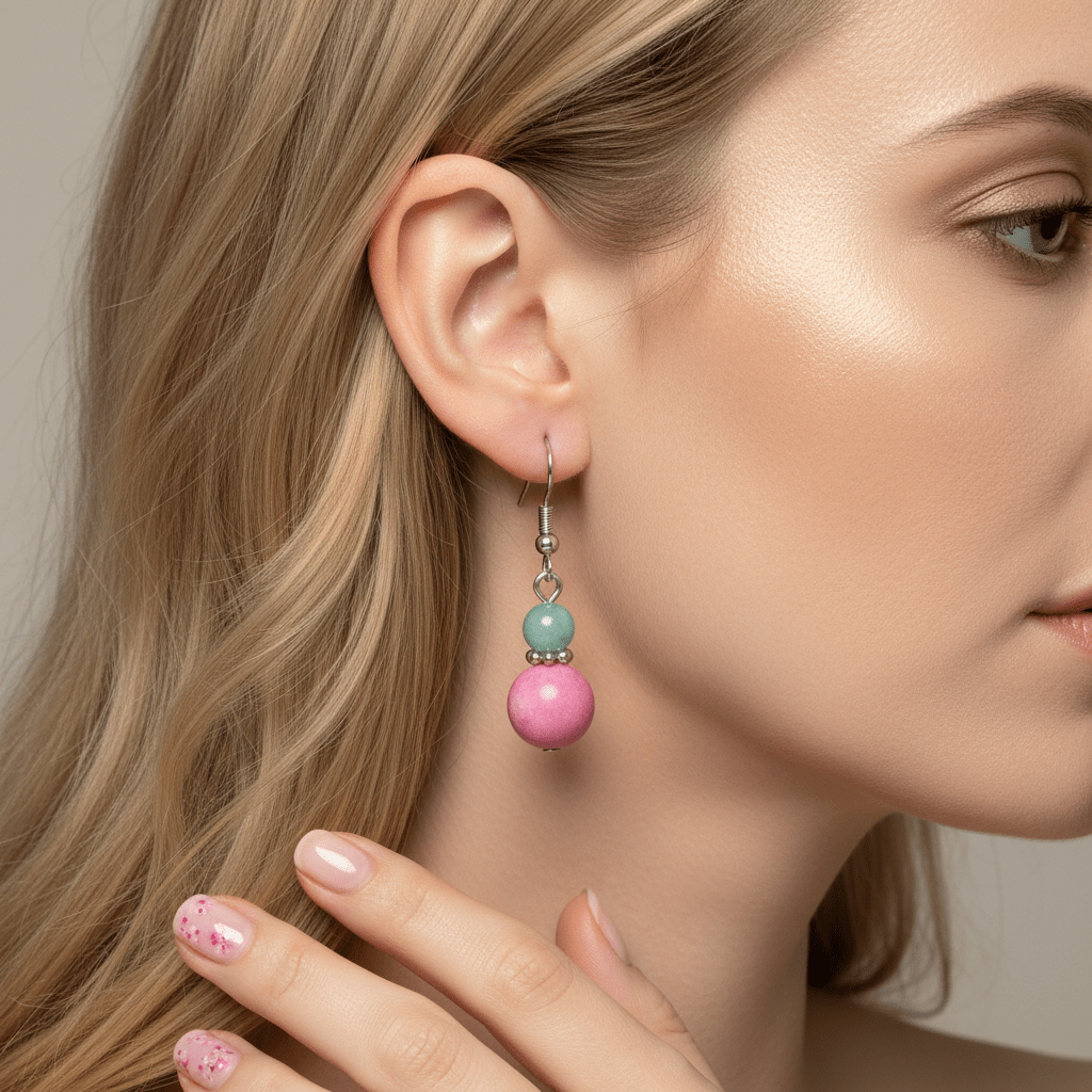 Pink Jade & Silvertone ‌Gourd-Shape Hook Earrings