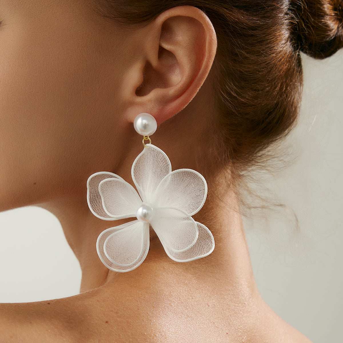 White Polyster & Pearl Goldtone Flower Dangle Earrings