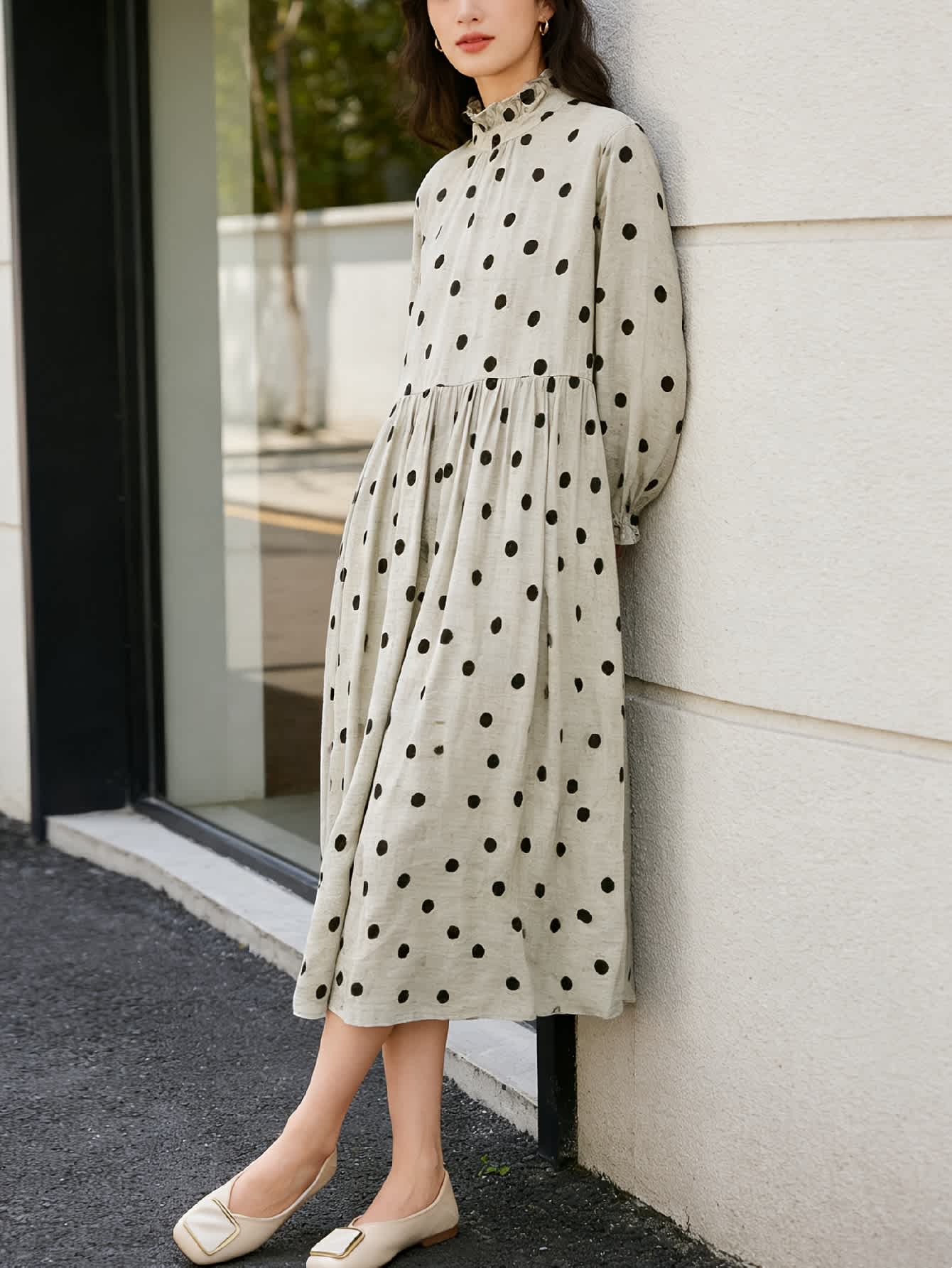 beige dress with black polka dots RAZOOKS VTG Women Dress Beige Black Polka Dots Ruffels Long Sleeves S 12 Zipper