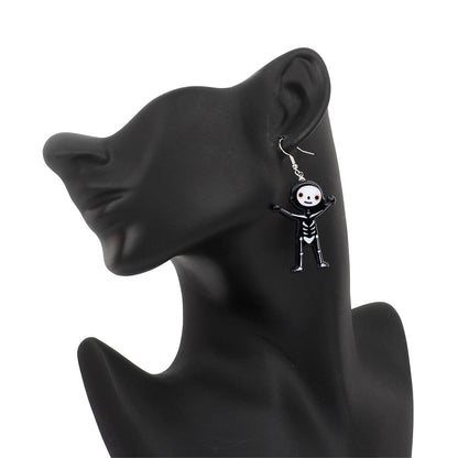Black Acrylic & Silvertone Skeleton Drop Earrings