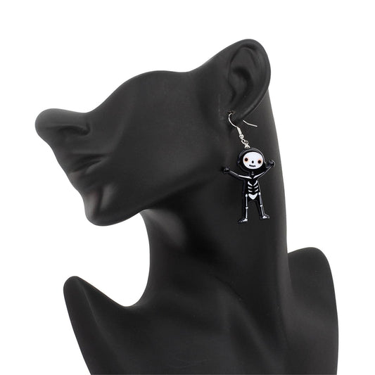Black Acrylic & Silvertone Skeleton Drop Earrings