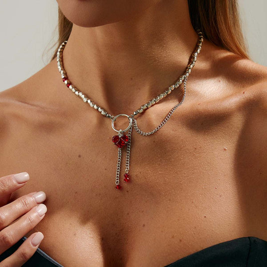 Red Crystal & Acrylic Silvertone Beaded Chain Heart Tassel Necklace