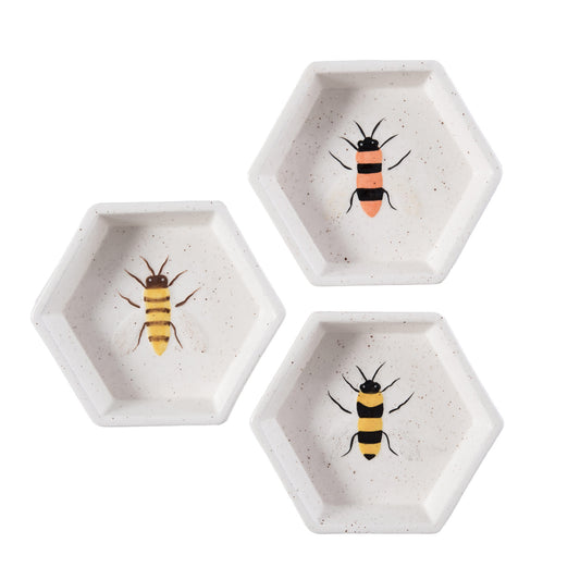 Dolomite Bee Trinket Dish Set of 3 Multicolored for Spring Tabletop Decor