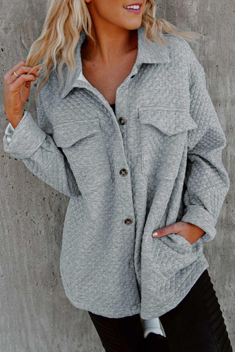 Brooklynn Retro Quilted Flap Pocket Button Shacket - Gray / S - 4/6