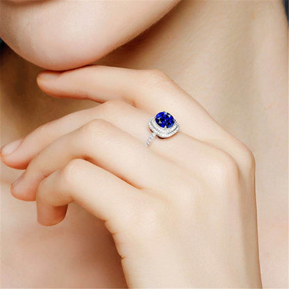 Blue Crystal & Cubic Zirconia Silvertone Halo Cushion-Cut Adjustable Ring