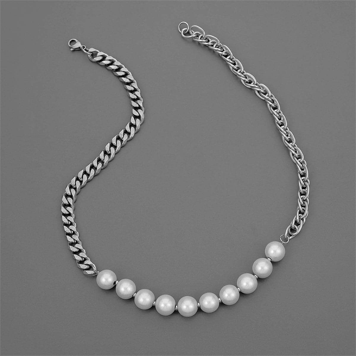 Pearl & Silvertone Curb Chain Necklace