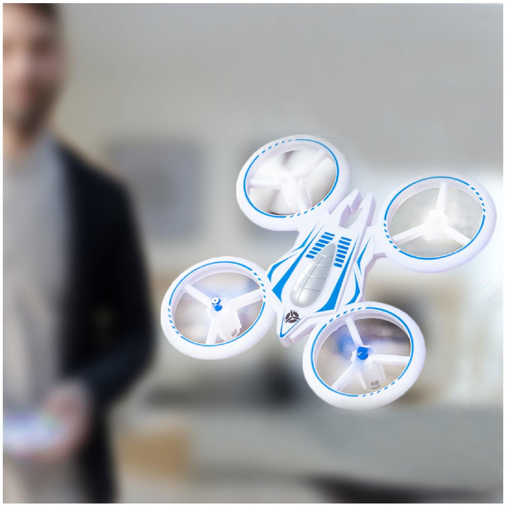 White drone, white remote control, and blue propellers-