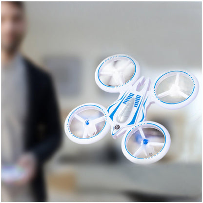 White drone, white remote control, and blue propellers-