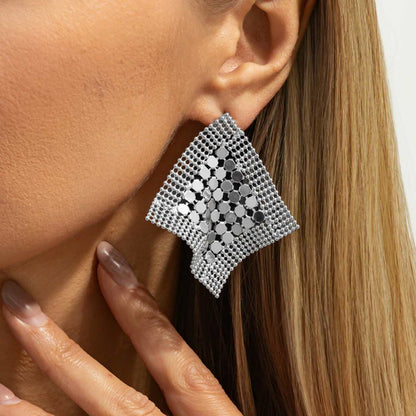 Silvertone Netted Sequins Rhombus Stud Earrings