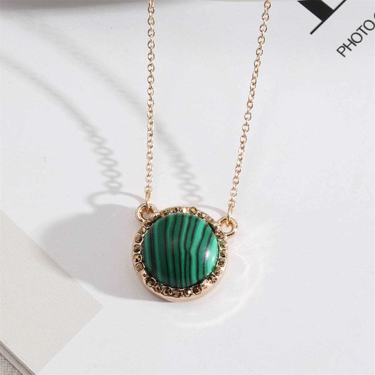 Green Malachite & Cubic Zirconia Round Pendant Necklace