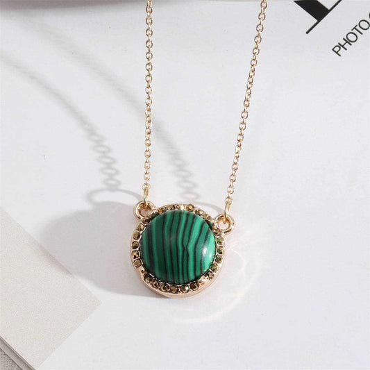 Green Malachite & Cubic Zirconia Round Pendant Necklace