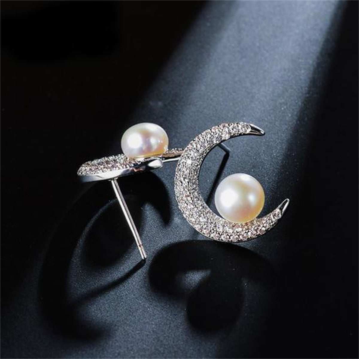 Cubic Zirconia & Pearl Silvertone Crescent Stud Earrings