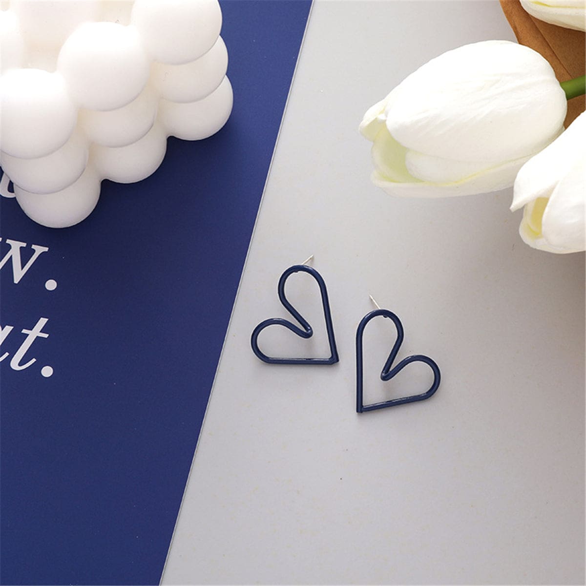 Blue Enamel & Silvertone Open Heart Stud Earrings
