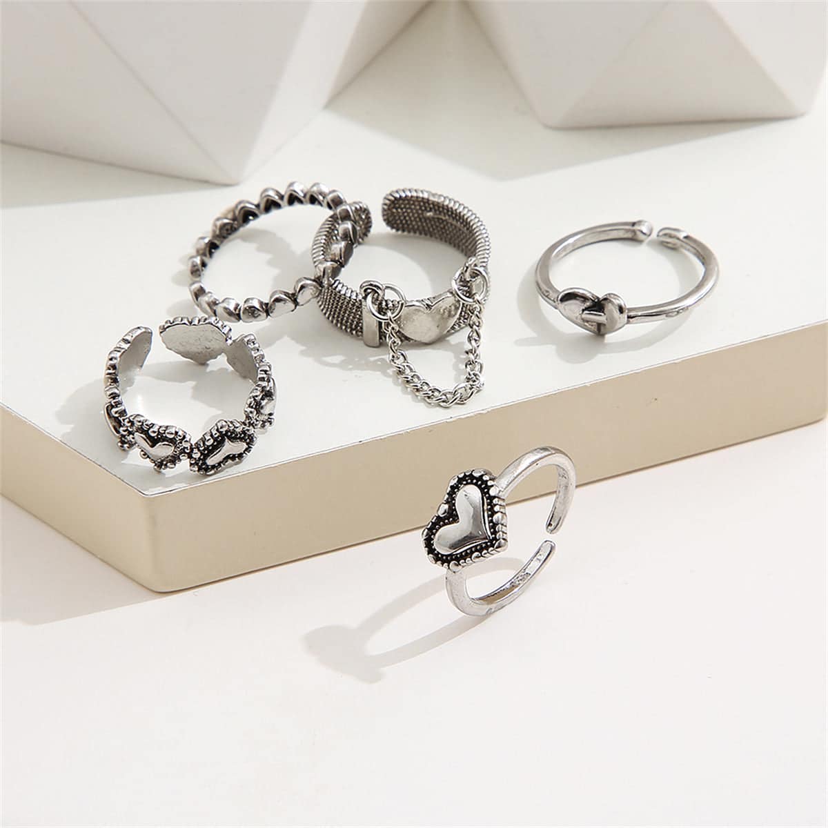 Silvertone Heart Ring Set