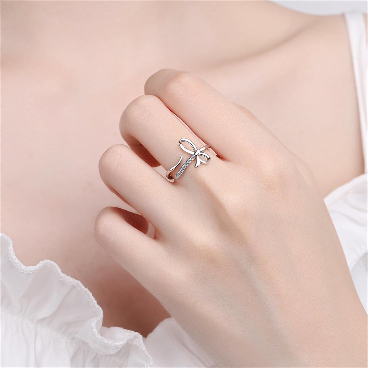 Cubic Zirconia & Silvertone Bow Bypass Ring