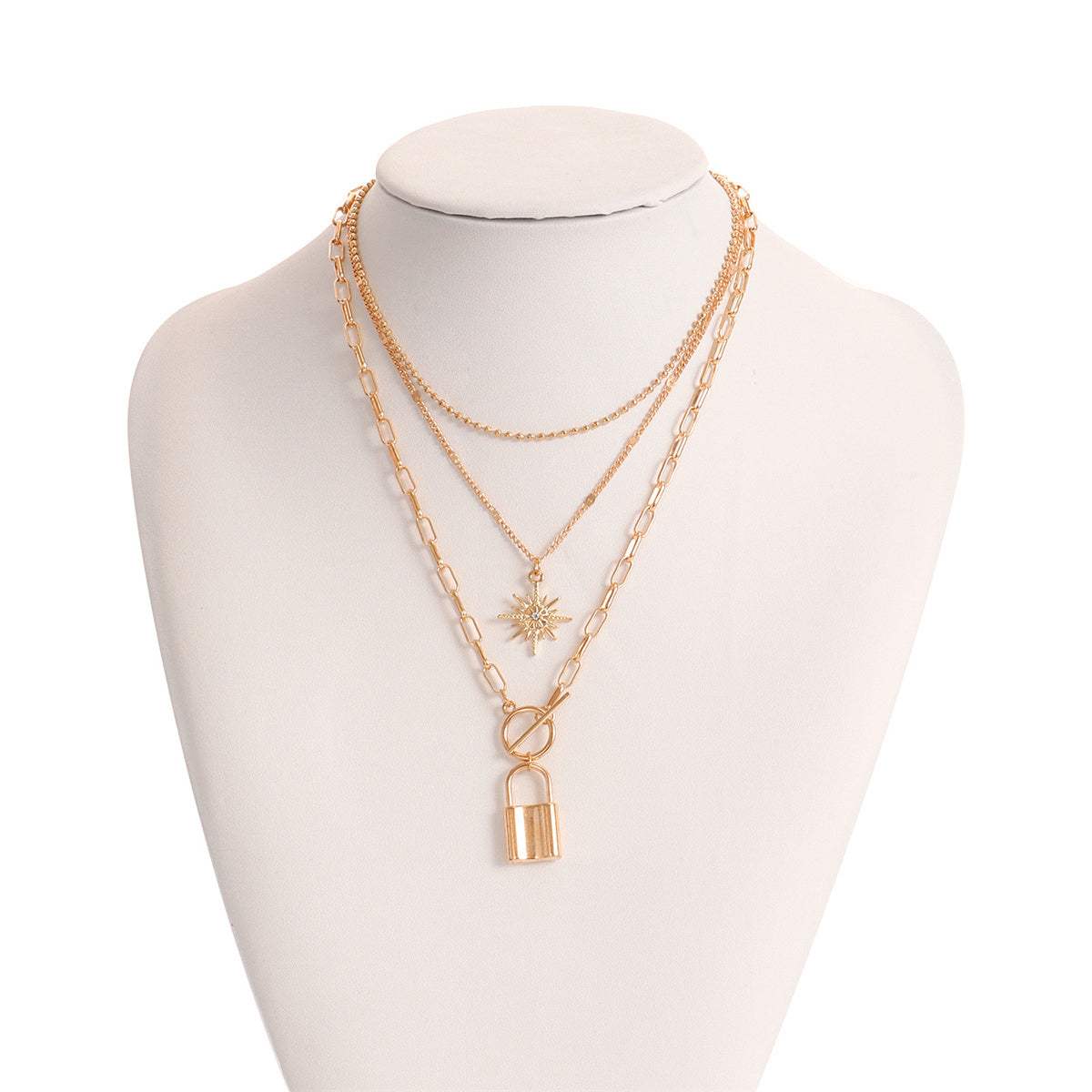 Cubic Zirconia & Goldtone Lock Star Layered Pendant Necklace