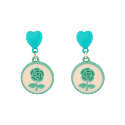 Green Enamel & Goldtone Floral Disc Drop Earrings