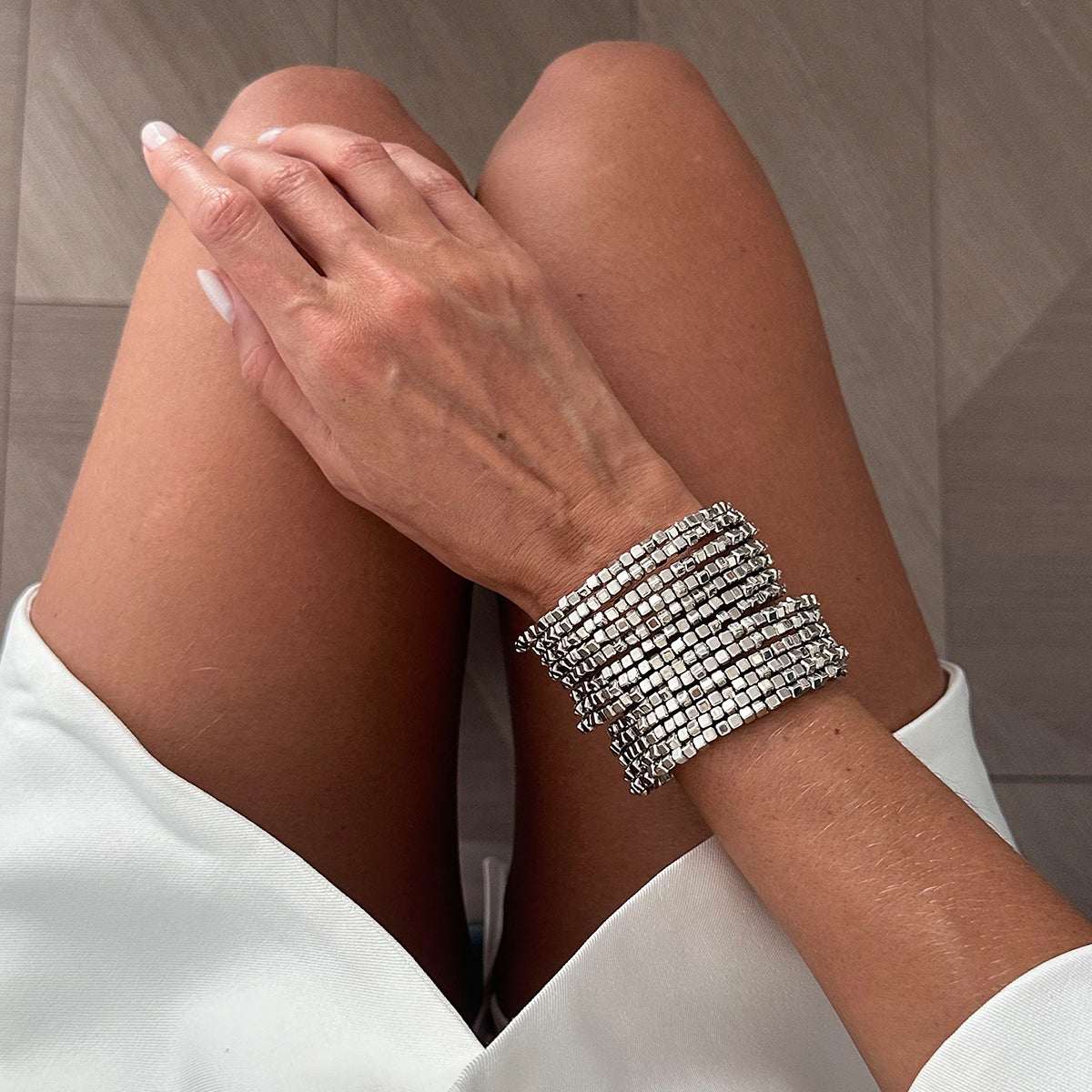 Silvertone Cube Layered Stretch Bracelet