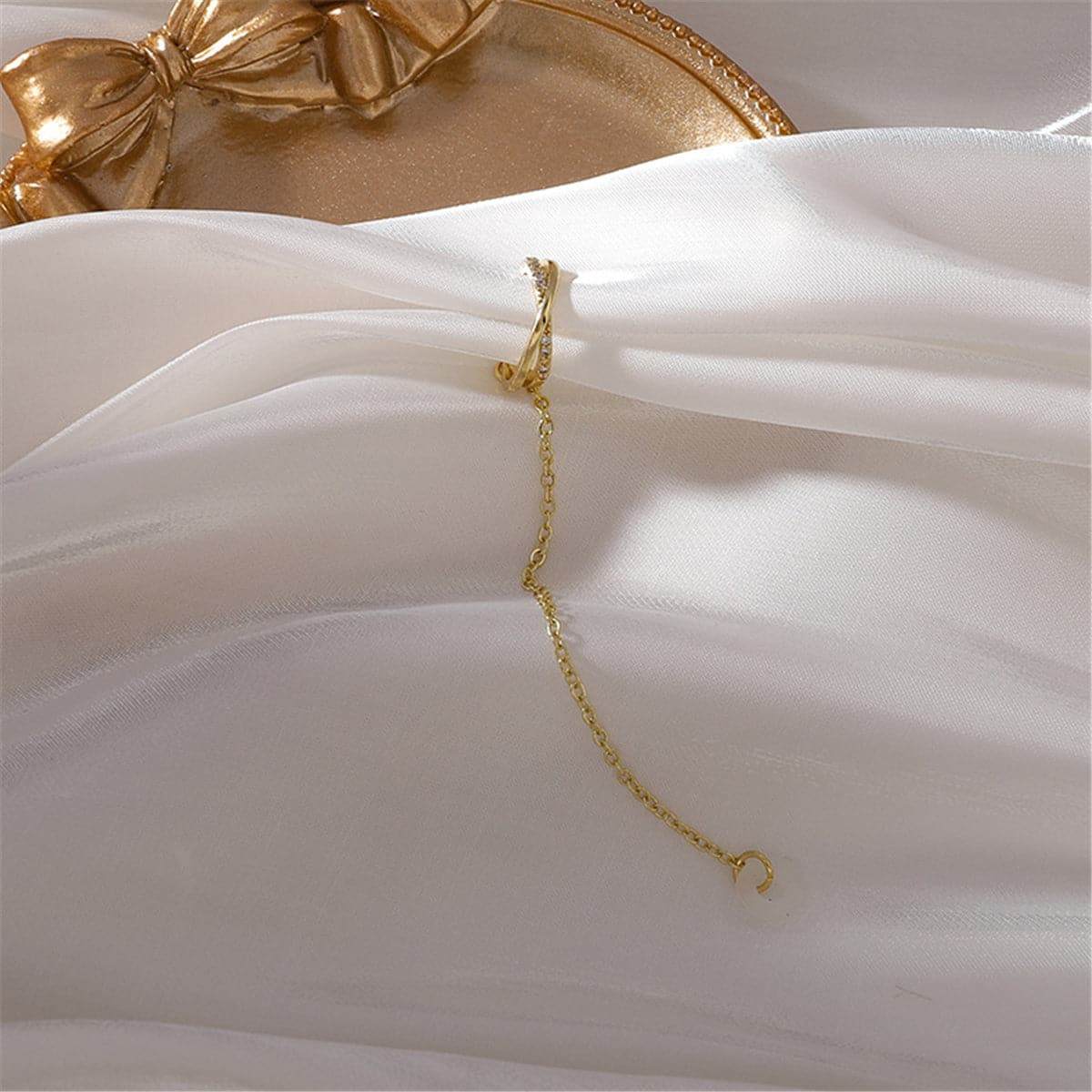 Cubic Zirconia & Goldtone Crisscross Earbud Clip-On Earring
