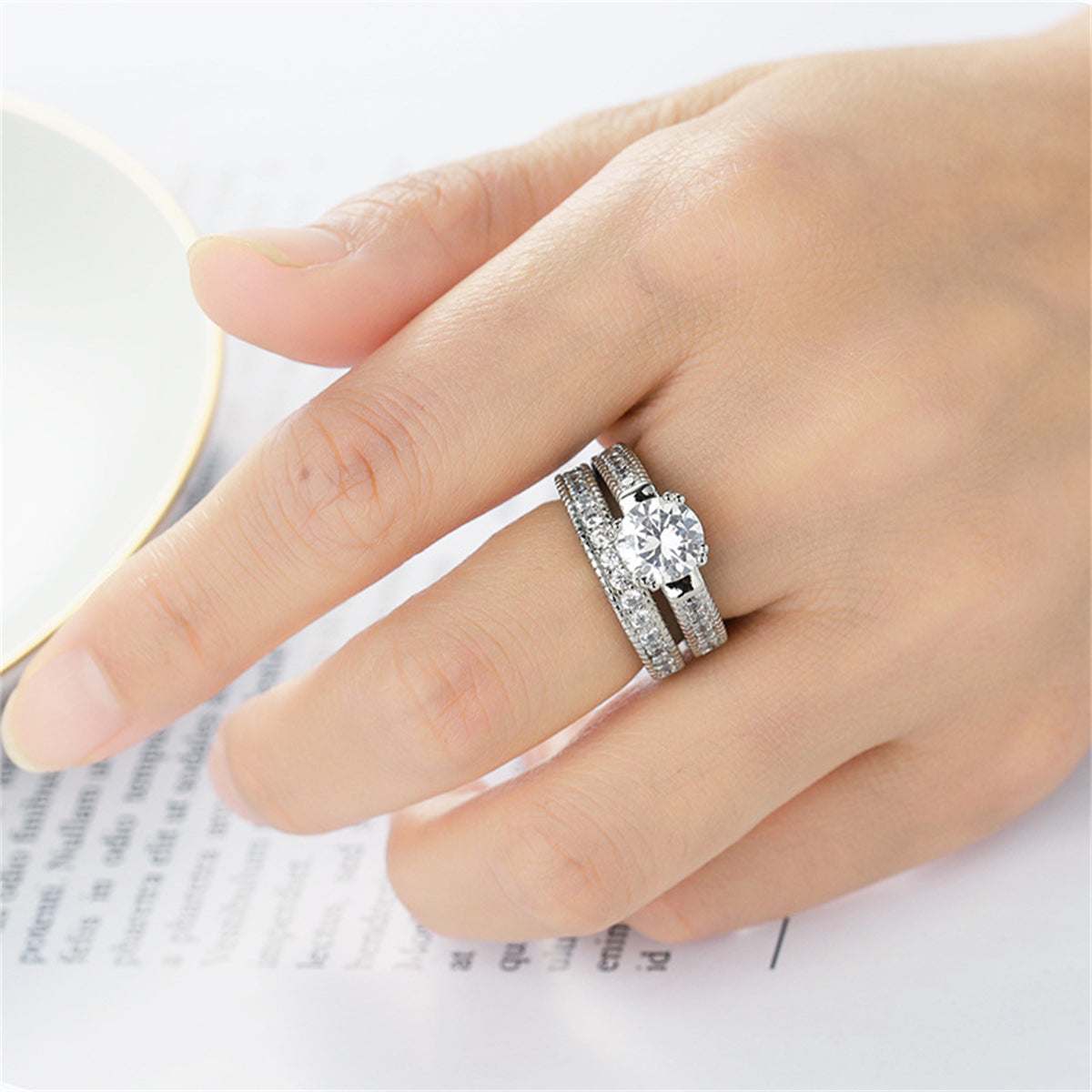 Crystal & Cubic Zirconia Silvertone Round Ring & Pavé Band-6