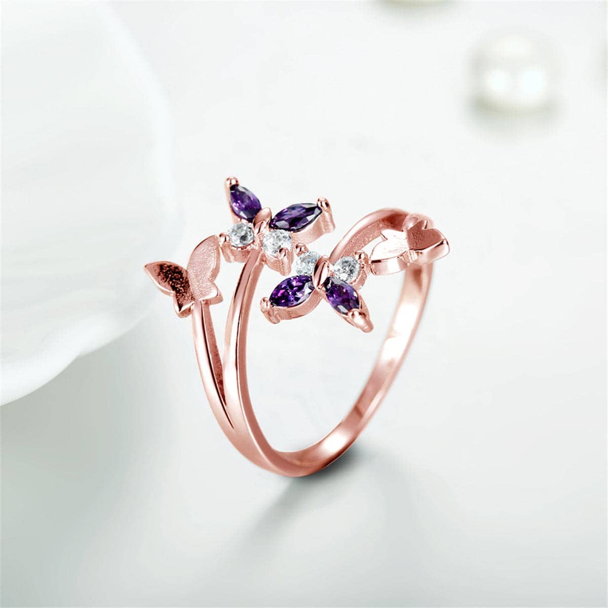 Purple Crystal & Rose Goldtone Butterfly Bypass Ring