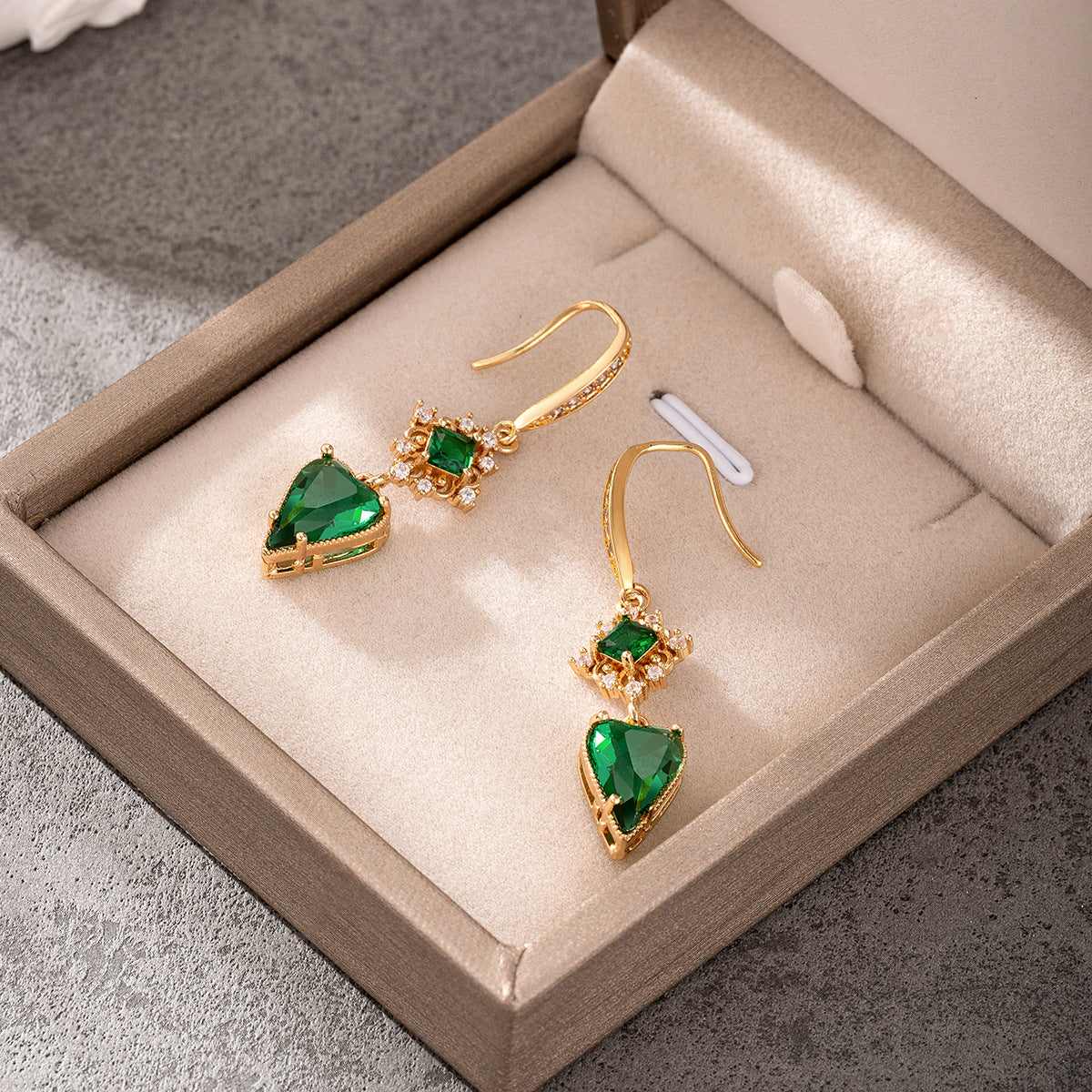 Green Crystal & Cubic Zirconia Goldtone Rhombus Heart Hook Earrings