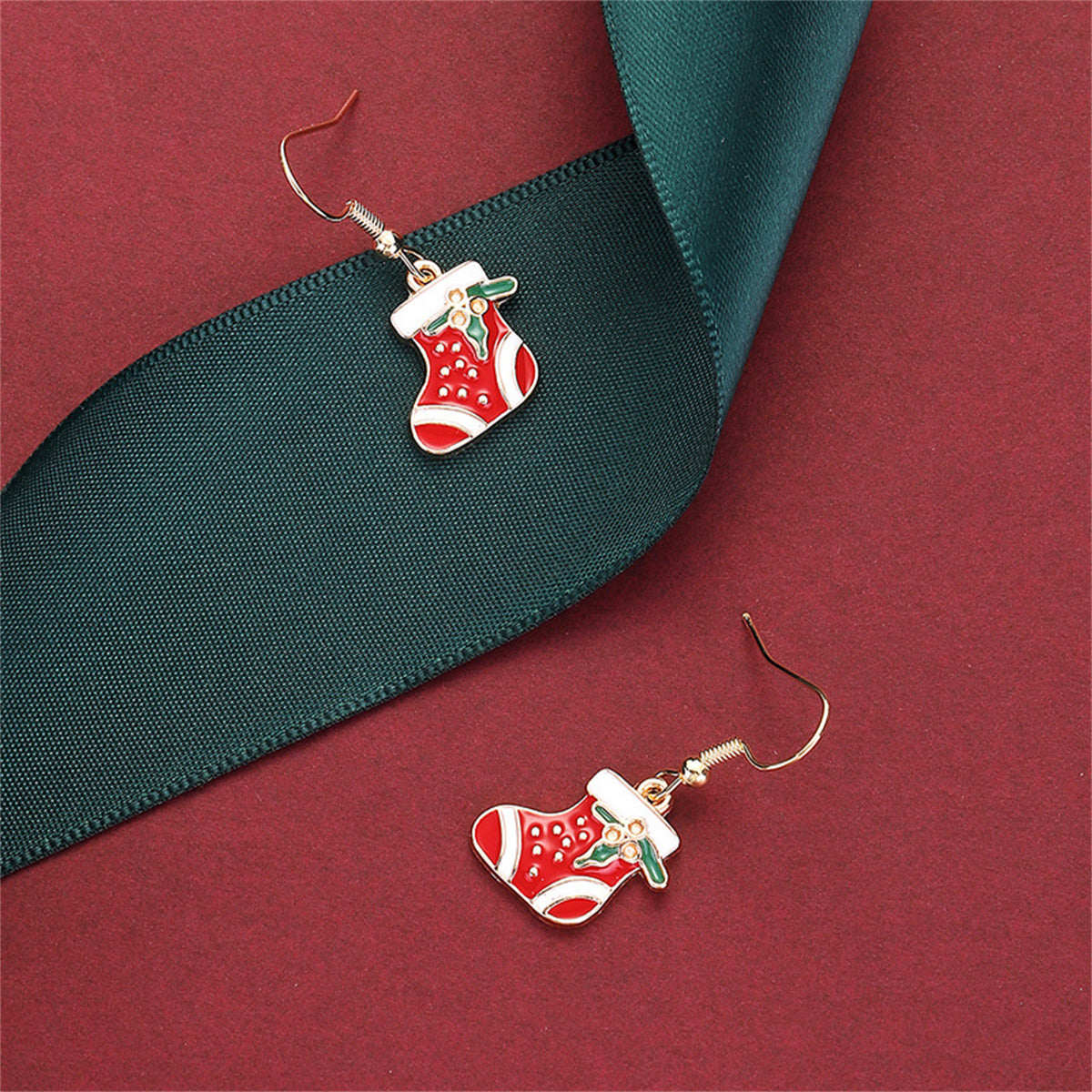 Red & Goldtone Holly Stocking Drop Earrings