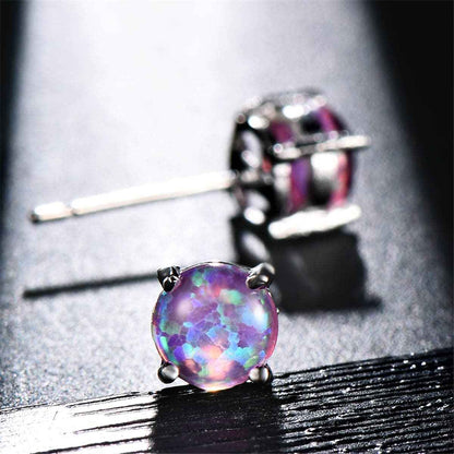 Purple Opal & Silvertone Round Stud Earrings