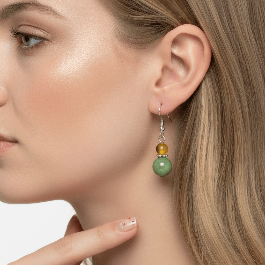 Yellow & Green Jade Silvertone ‌Gourd-Shape Hook Earrings
