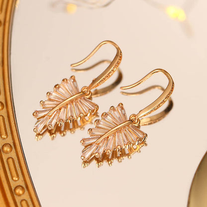 Cubic Zirconia & Goldtone Leaf Hook Earrings
