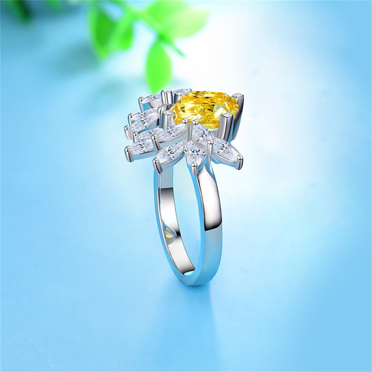 Yellow Crystal & Silvertone Cushion-Cut Bypass Ring