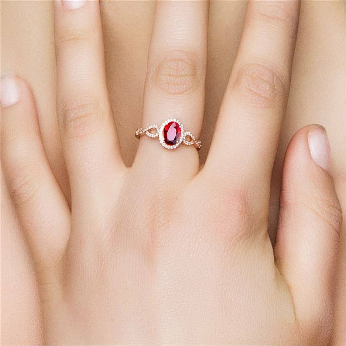 Red Crystal & Cubic Zirconia Rose Goldtone Crossover-Accent Oval Halo Ring