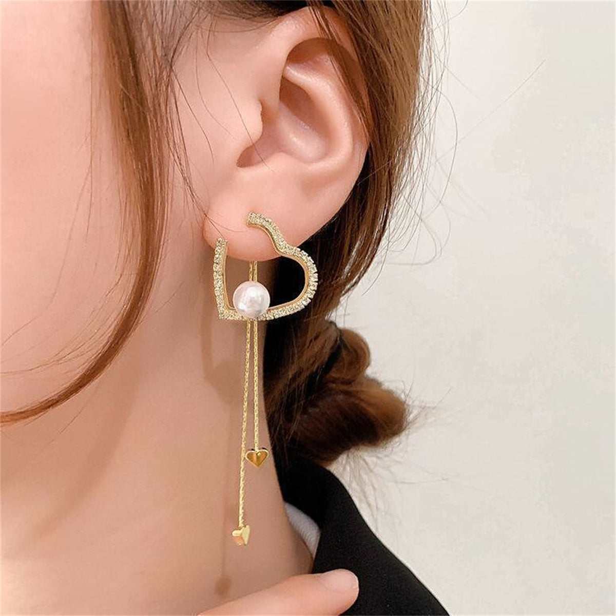 Pearl & Cubic Zirconia Goldtone Heart Tassel Drop Earrings