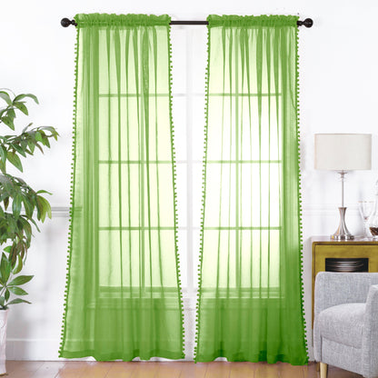 Elegant Comfort Set of 2 Pom Pom Tasseled Sheer Curtain - Rod Pocket