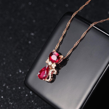 Red Crystal & Cubic Zirconia Kitty Pendant Necklace