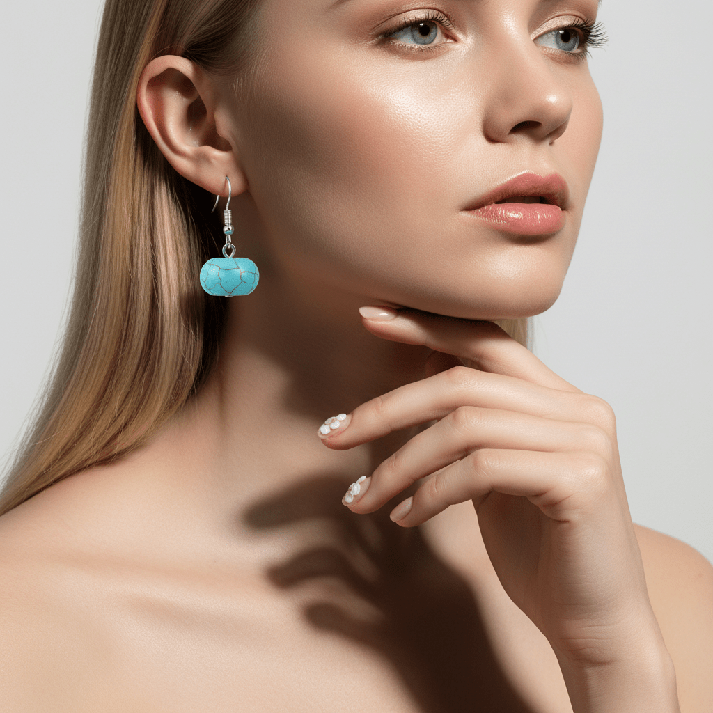 Turqouise & Silvertone Pumpkin-Shape Stone Hook Earrings